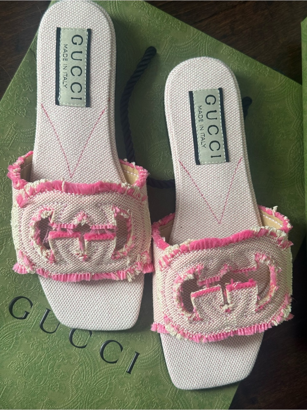Gucci Pink Frayed Canvas Slide Mules - Picture 3 of 4